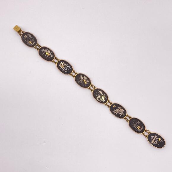 Signed JAPAN Bracelet Vge Japanese Damascene Nature Scenes 1950s Black Gold Tone - Picture 2 of 16